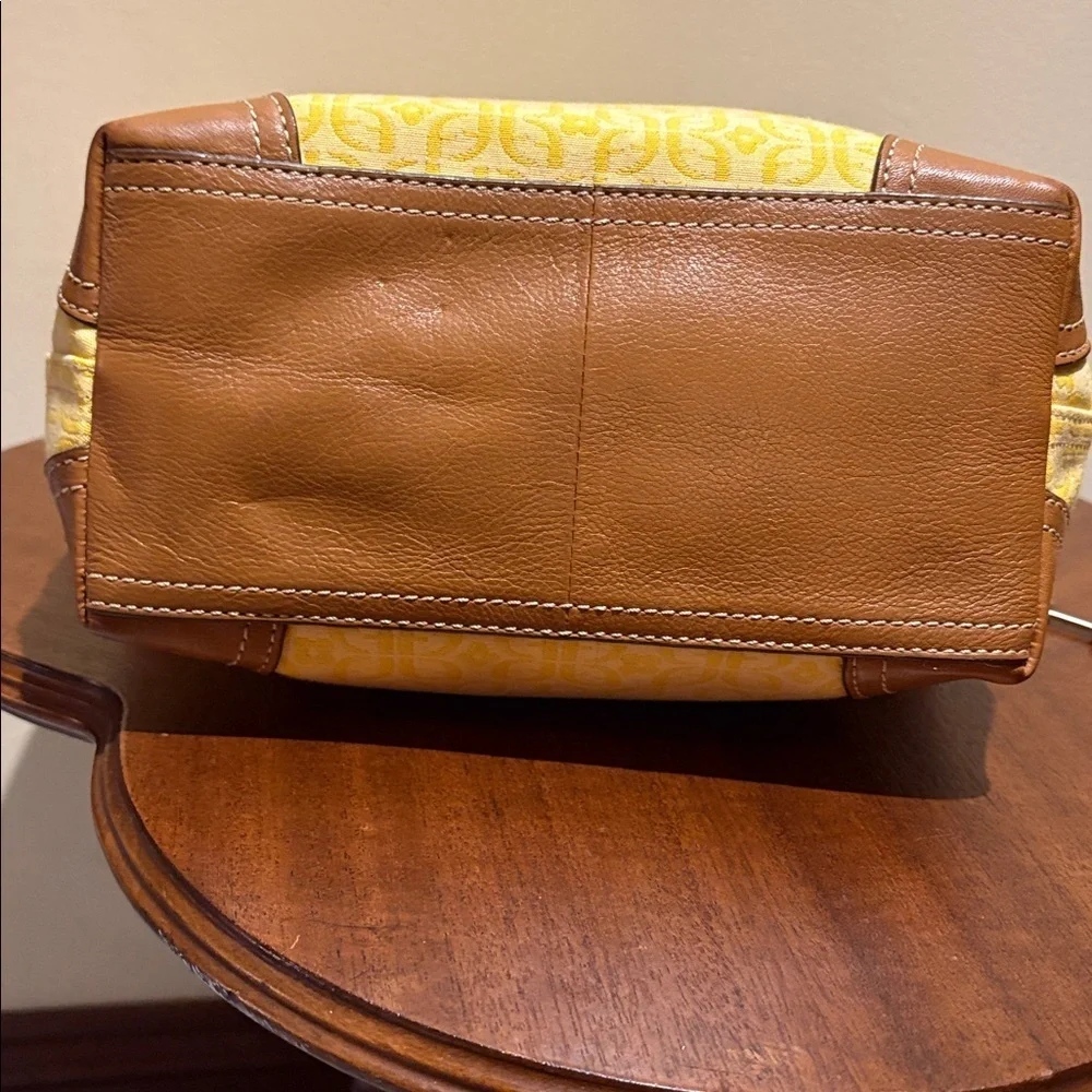 Fossil satchel Crossbody bag fabric yellow print brown leather trim 3 compart